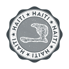 Haiti seal. Country round logo with shape of Haiti and country name in multiple languages wordcloud. Attractive emblem. Stylish vector illustration.