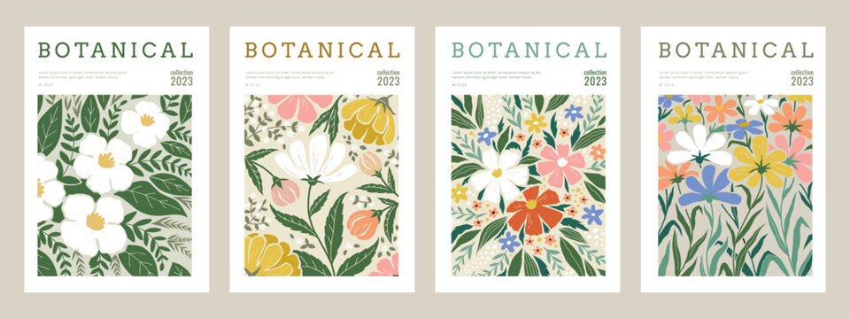 Flower posters. Abstract floral pattern, modern nature wall art graphic, vintage pastel painting. Different hand drawn botanical elements. Contemporary design. Summer spring vector background