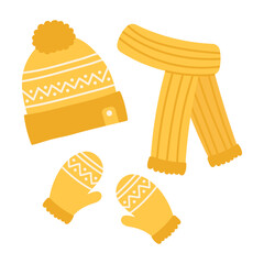 Winter yellow knitted hat with pompoms, scarf and mittens with scandinavian pattern. Cartoon flat vector illustration - obrazy, fototapety, plakaty