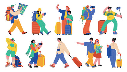 Travel characters. Tourism, walking persons with baggage and backpack, happy woman and man with luggage and phone on excursion or in airport. Cartoon flat style isolated vector set