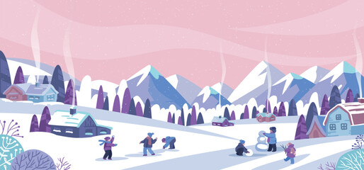 Snowy landscape. Winter holidays. Mountain scenery. Christmas rocky village. Children groups play with snow. Outdoor Xmas games. Cold season nature. Rural houses. Vector illustration