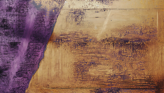 superficie in legno verniciato in oro e colore viola, texture patina antico e consumato