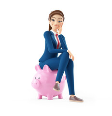 3d cartoon businesswoman sitting on piggy bank