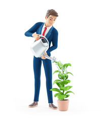 3d cartoon businessman watering a plant