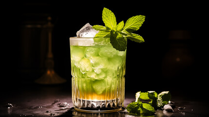 Mint Julep drink with ice and mint decoration, dark background and copy space. 
