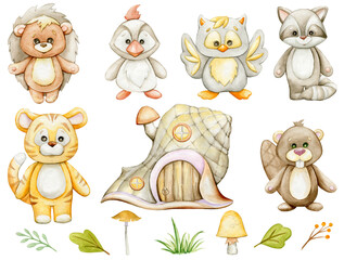 beaver, woodpecker, tiger, hedgehog, owl, raccoon, mushrooms, house, plants. Cute forest animals, in cartoon style. Watercolor set.
