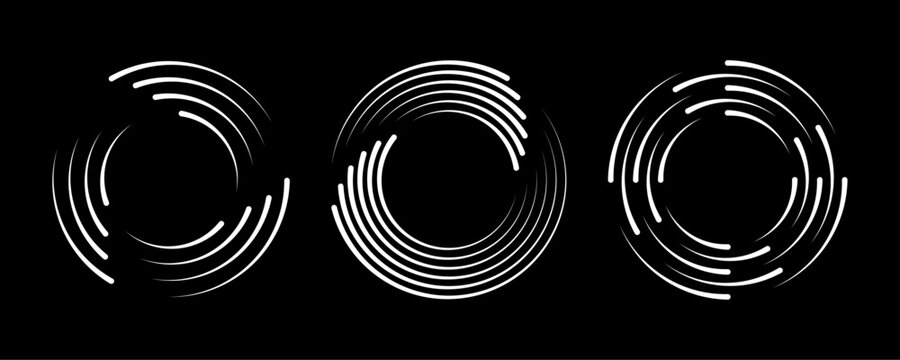 Set of speed lines in circle form. Radial speed Lines in Circle Form for comic books. Technology round Logo. Black thick halftone dotted speed lines.