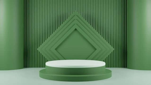 Podium with a bright glowing blinking light. Futuristic showcase with platform for product displaying. Empty stage with light. Geometric shapes composition. 3d animation loop