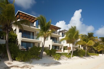 Upscale beachfront villas surrounded by palm trees and turquoise waters. Generative AI