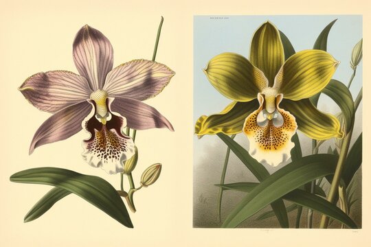 A vintage illustration of two orchids: left Paphiopedilum venustum and right Cattleya skinneri. Generative AI