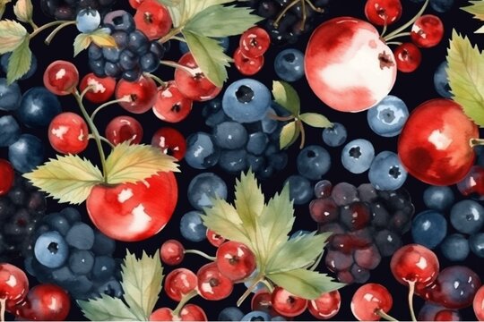 Seamless berry watercolor pattern with red currants, blackberries, blueberries, and cherries. Generative AI