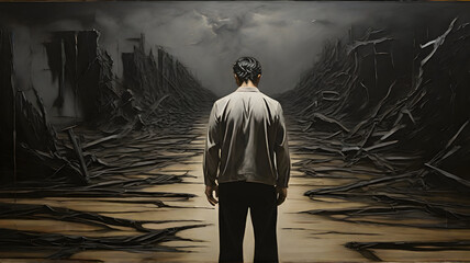 Obraz premium Judgment, the pivotal moment of decision and consequence, a man anxiously stands at the crossroads of his fate.