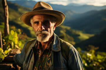 Fototapeta premium Colombian man, A weathered, dignified Colombian man in his forties, stands proudly by the lush coffee plantation, overlooking the sun-drenched hills of the Andes. 