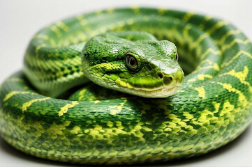 Fototapeta premium Close-up of a coiled green and yellow snake.