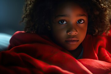 A child with curly hair wrapped in a red blanket - obrazy, fototapety, plakaty