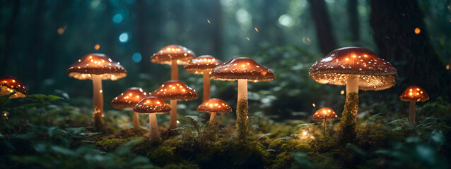 Photorealistic Glowing Mushrooms in Enchanted Forest, Fairy Tale Wonderland wide Cover photo