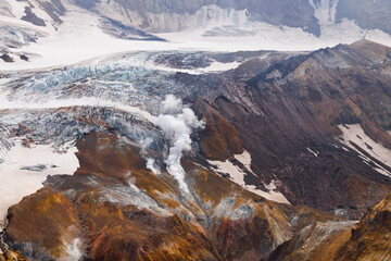 The crater of Mutnovsky volcano. Fumaroles. The active volcano Mutnovsky. Hiking. Kamchatka.