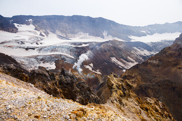 Beautiful mountain landscape, crater of active volcano: fumarole and hot spring, geothermal...