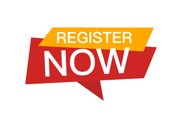 Register Now banner, speech bubble label register now. Vector illustration