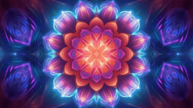 Colorful glowing mindful peace mandala. Mesmerizing multicolored kaleidoscopic pattern.