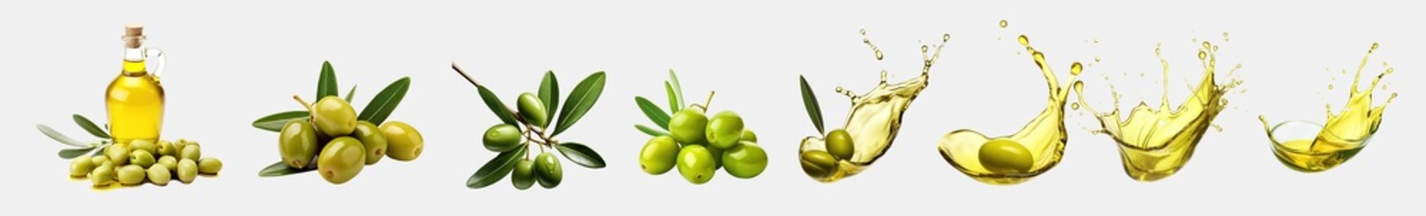 Set of bottle of olive oil, Olive branches and Splash of olive oil isolated cutout on transparent background.