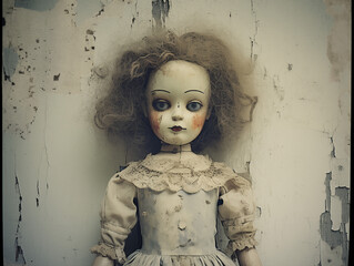 Scary spooky vintage doll baby, old child toy