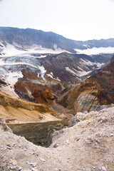 The crater of Mutnovsky volcano. Fumaroles. The active volcano Mutnovsky. Hiking. Kamchatka.