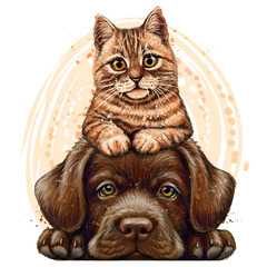 Color, graphic portrait of a British breed kitten and a Labrador puppy in watercolor style on a white background. - 665719274