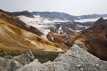 The crater of Mutnovsky volcano. Fumaroles. The active volcano Mutnovsky. Hiking. Kamchatka.