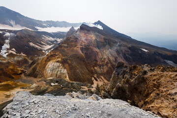 The crater of Mutnovsky volcano. Fumaroles. The active volcano Mutnovsky. Hiking. Kamchatka.
