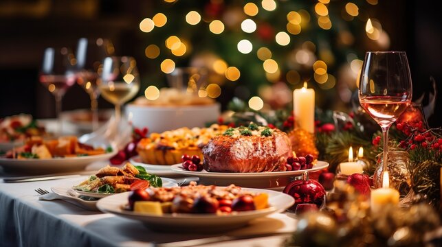 Christmas dinner table full of dishes with food and snacks, New Year's decor with a Christmas tree in the background. Buffet or catering concept.