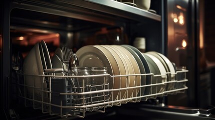 Open dishwasher with clean dishes in modern kitchen