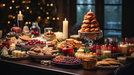 Fototapeta premium Christmas dinner table full of dishes with food and snacks, New Year's decor with a Christmas tree in the background. Buffet or catering concept.