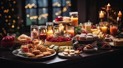 Christmas dinner table full of dishes with food and snacks, New Year's decor with a Christmas tree in the background. Buffet or catering concept.