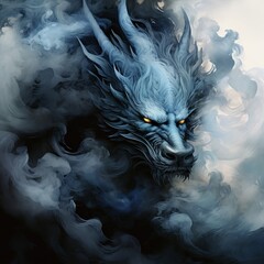 3d illustration of a dragon with smoke in the dark background.