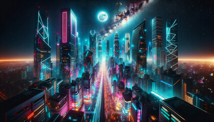 A futuristic cityscape at night, illuminated by vibrant neon lights in hues of pink, blue, and purple. The skyline is dominated by towering skyscrapers, some with geometric designs and 