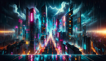 A vibrant cityscape at night drenched in rain, with towering futuristic skyscrapers illuminated by neon lights in hues of pink, blue, and teal. Powerful lightning strikes from ominous storm clouds abo