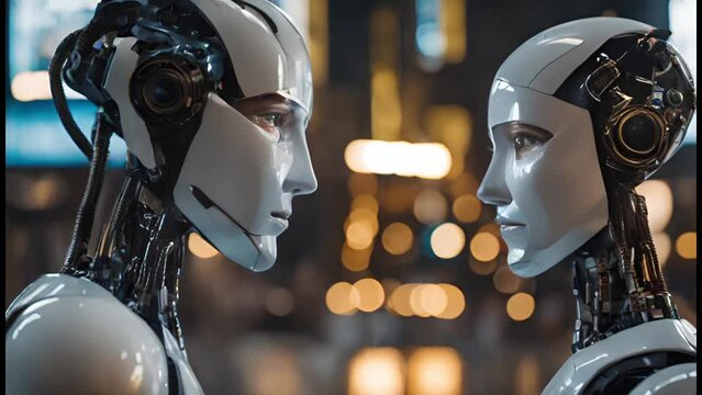Two humanoid robots standing face to face in a night city and looking lovingly into each other's eyes