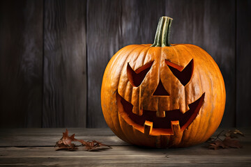 A large horror, scary, halloween pumpkin jack-o-lantern on the woody table with woody background 