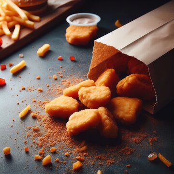 Nuggets on a paper bag on wooden tablebag on wooden table