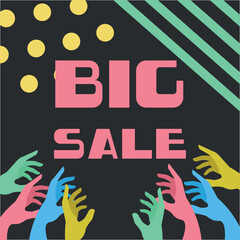 a bright disco-style illustration of a big sale, a colorful neon flyer with hands, mugs and stripes.