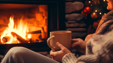 Close-up of a woman holding a cup of coffee against the background of a fireplace. Christmas...