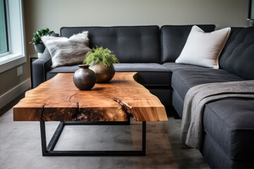 Modern living room with black sofa, coffee table and plant in vase