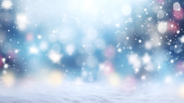 Winter background with snow, bokeh lights and falling snowflakes