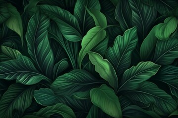 Dark green tropical leaves panorama, nature background for social media, Instagram, Facebook, banners. Generative AI - obrazy, fototapety, plakaty