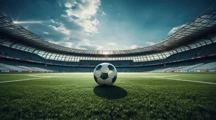 Fotobehang Gates and ball on soccer football field at giant stadium © shooreeq