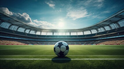 Gates and ball on soccer football field at giant stadium