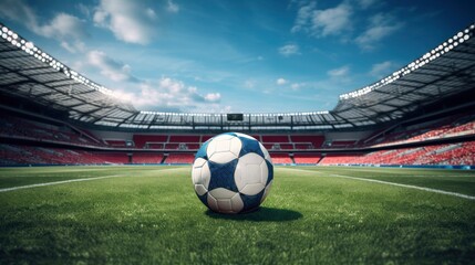 Gates and ball on soccer football field at giant stadium