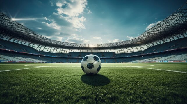 Fototapeta Gates and ball on soccer football field at giant stadium