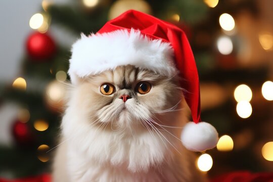 Persian cat wearing santa hat with christmas tree bokeh background, Cute Xmas pet photos for cat parents, 2023 holiday greeting celebration illustration